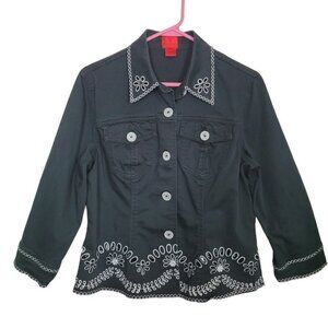 Very Vera Sz Large Shacket Short Black Embroidered Eyelet 3/4 Sleeve Mature EUC